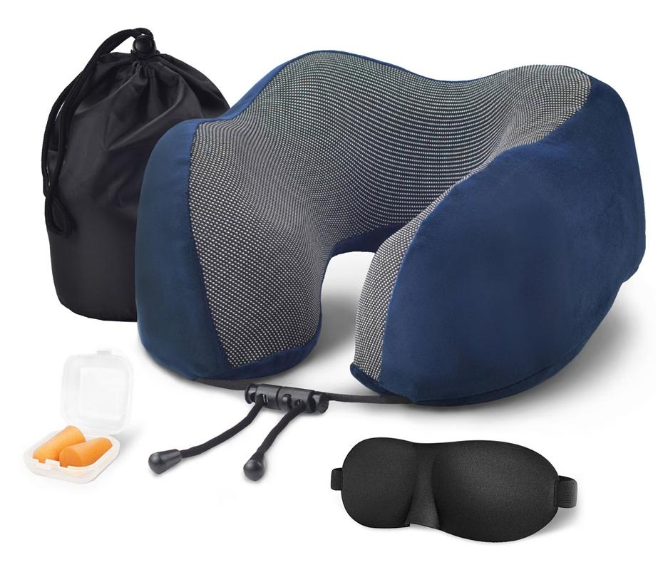 Travel pillow with eye mask and earmuffs in blue set