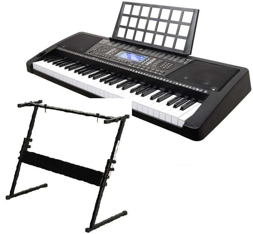 Electric keyboard piano with headphone jack and speaker output visible