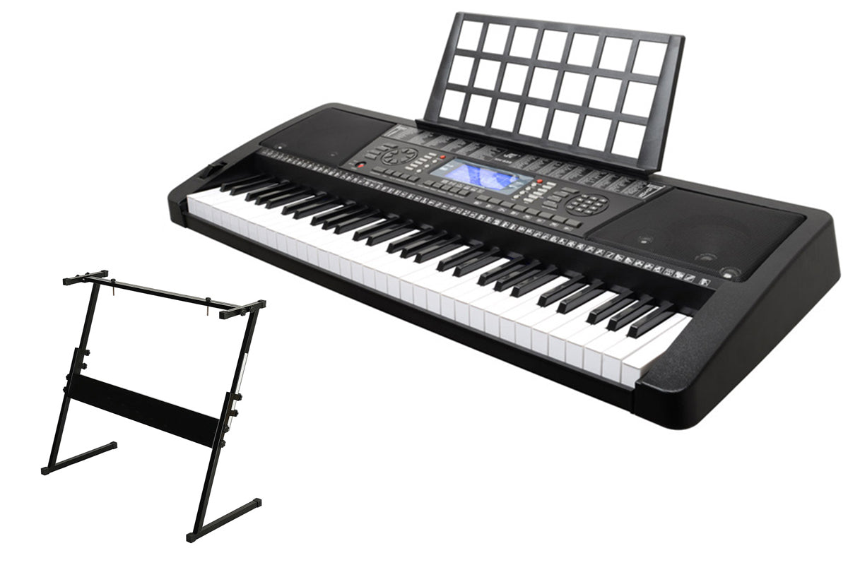 Full view of keyboard piano with included piano stand and power cable