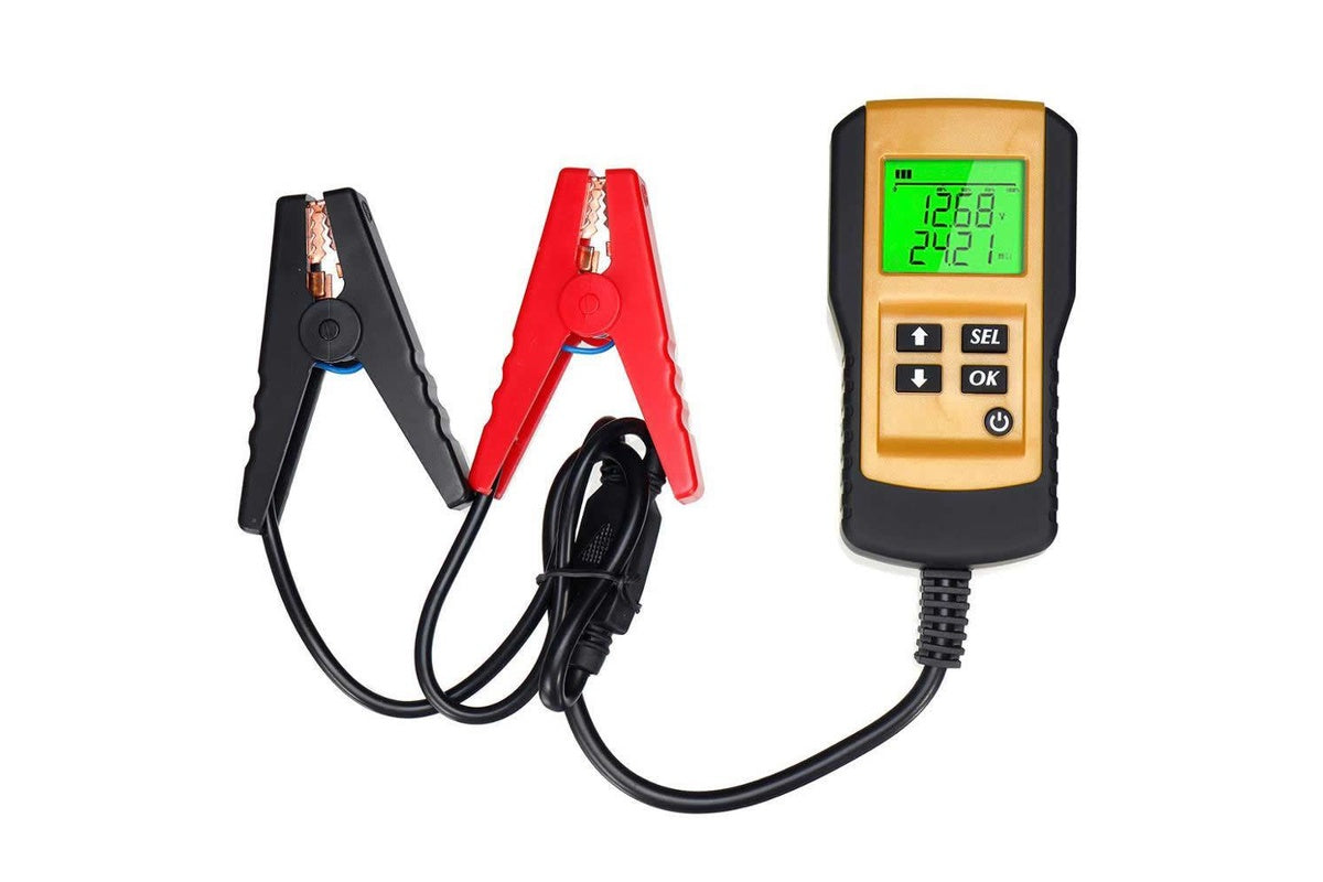 Close up of battery tester clamps in black and yellow