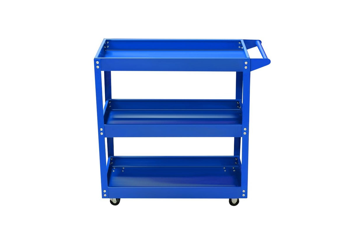 Three-tier tool cart trolley with large storage trays in blue