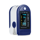 Finger pulse oximeter showing bright LED display on black casing
