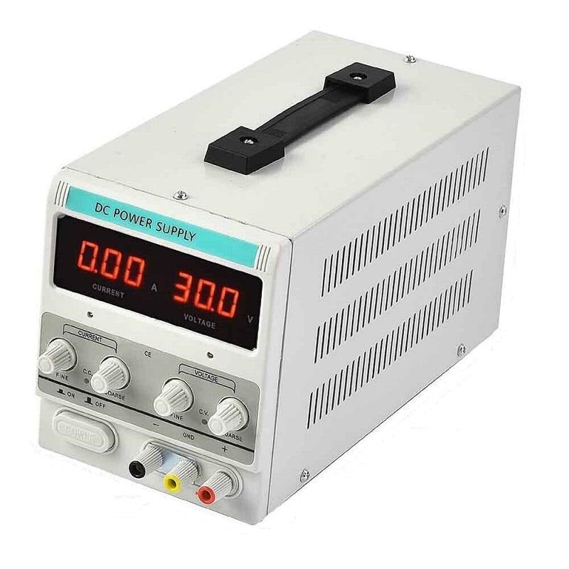 Close-up of control panel on 30V 10A DC power supply with labels