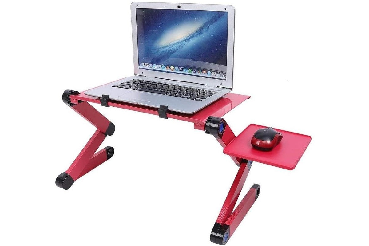 Side view of aluminium adjustable laptop table desk with cooling fans