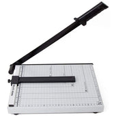 A4 paper guillotine cutter showing metal base and cutting blade
