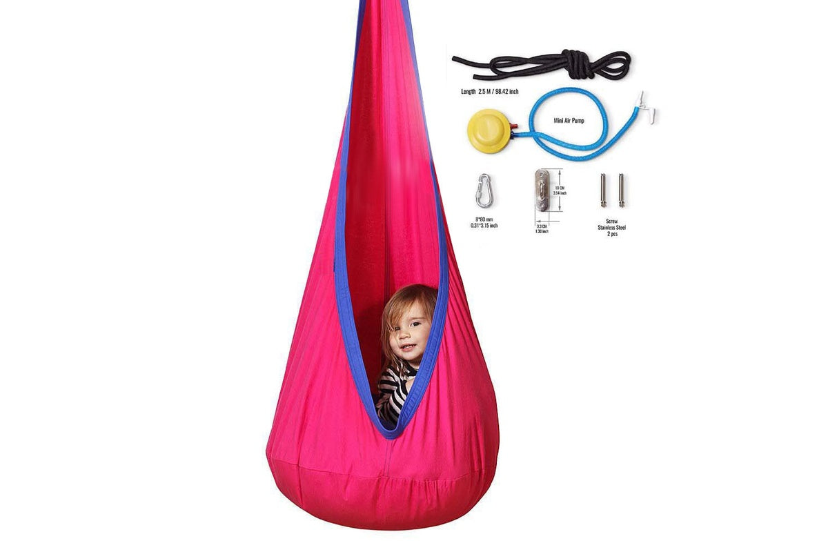 Side view of kids pod swing chair with inflatable cushion