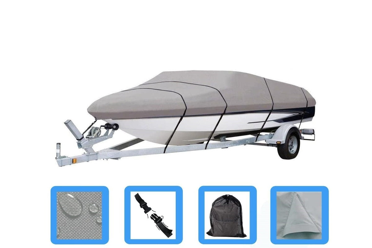 Side view of boat cover showing adjustable straps and buckles