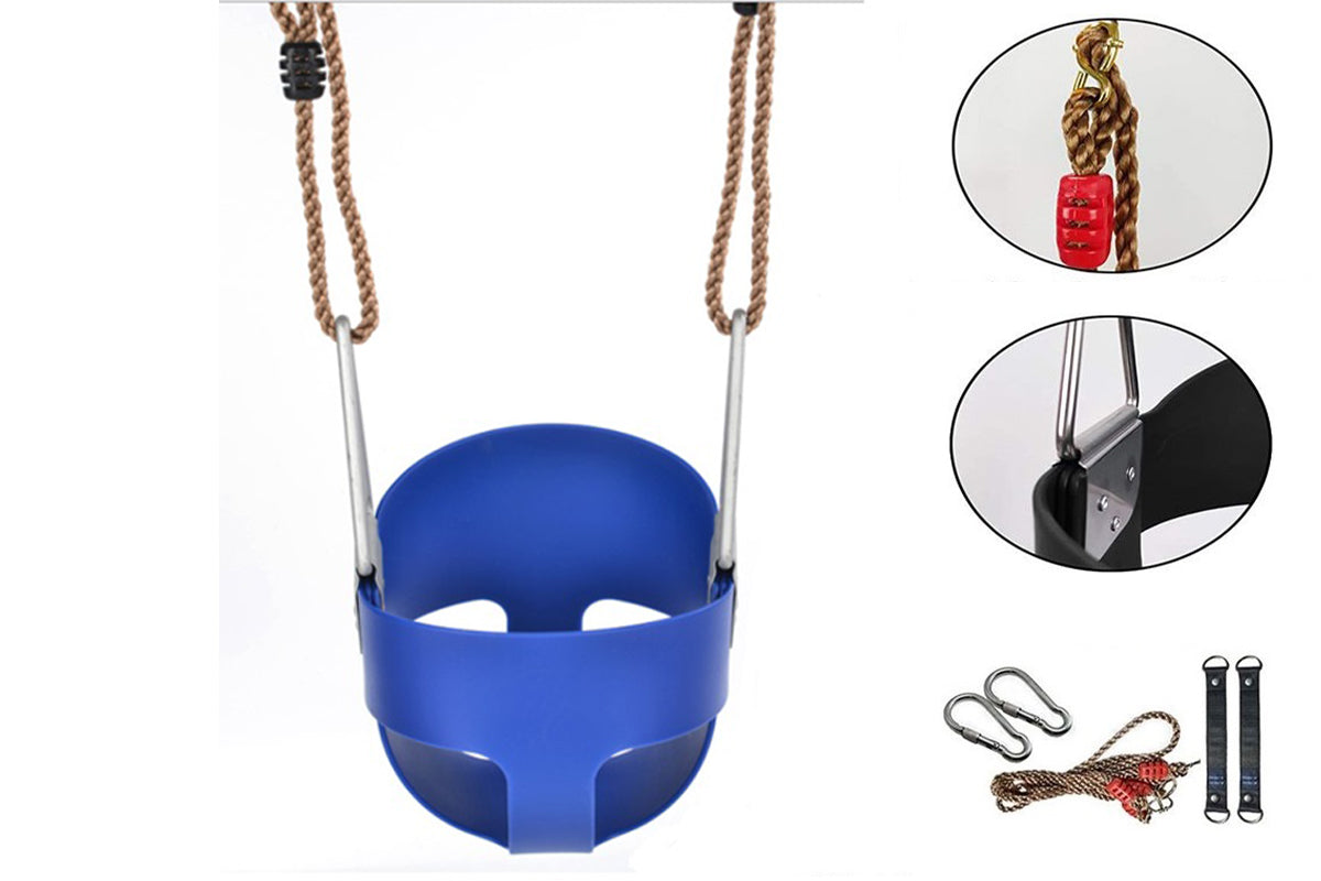 Outdoor setup of bucket toddler swing in a garden