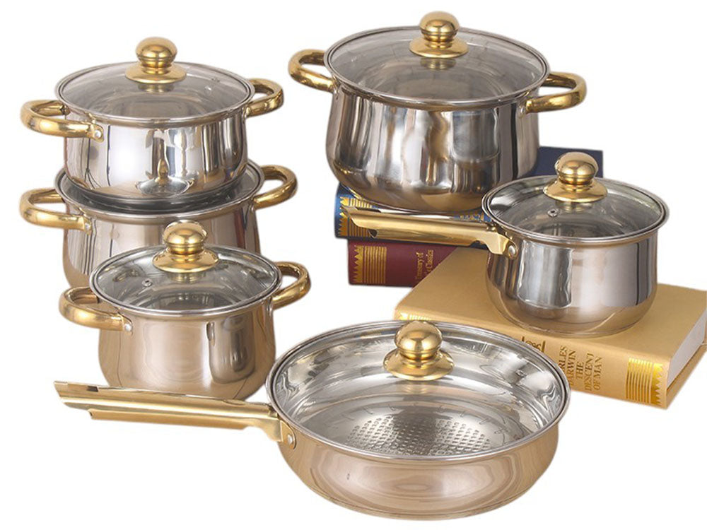 Cookware set displayed highlighting compatibility with gas cooktops
