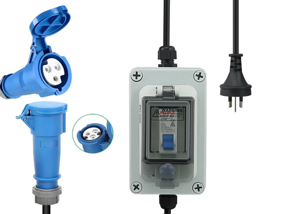 Caravan extension cable adaptor showing IP65 weatherproof rating