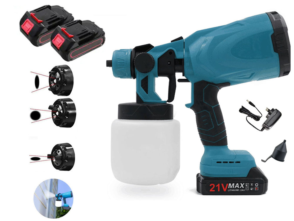 Paint sprayer gun held by user painting ceiling