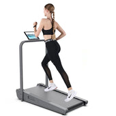 Walking pad under desk treadmill showing foldable grey frame