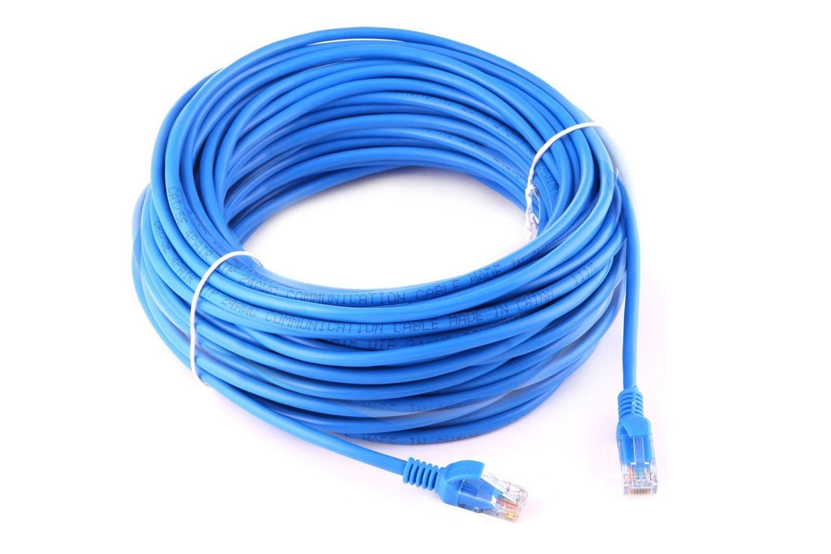 Blue LAN cable showing RJ45 male connector end