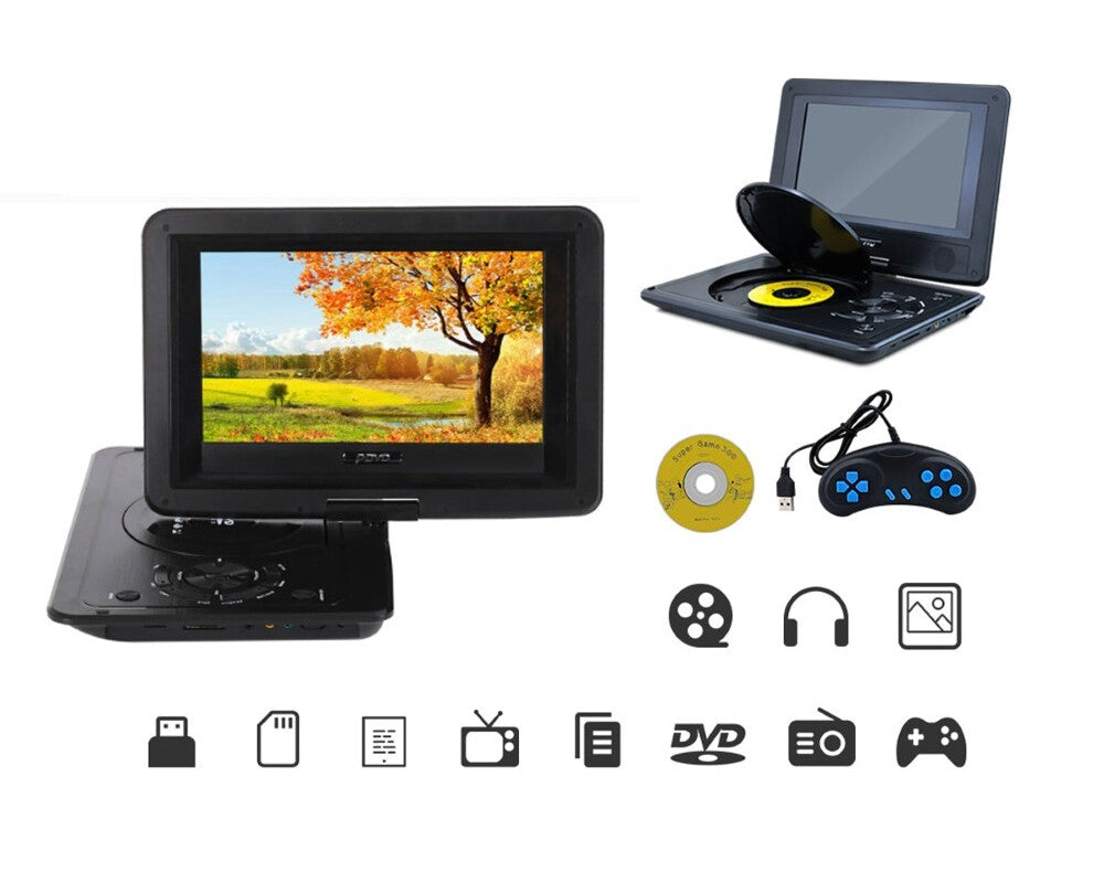 Portable DVD player showing menu screen with multiple disc format options