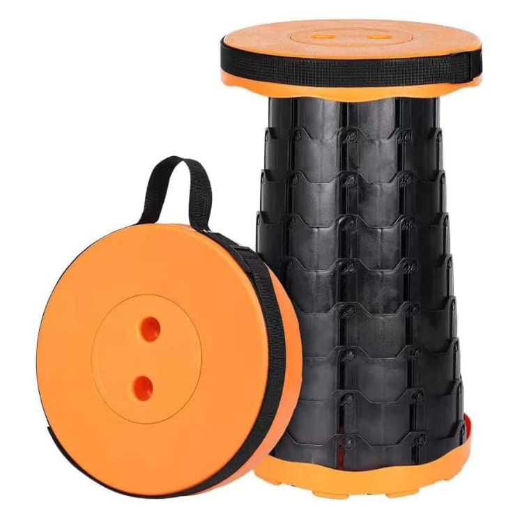Orange telescopic portable folding stool showing twist and pull mechanism