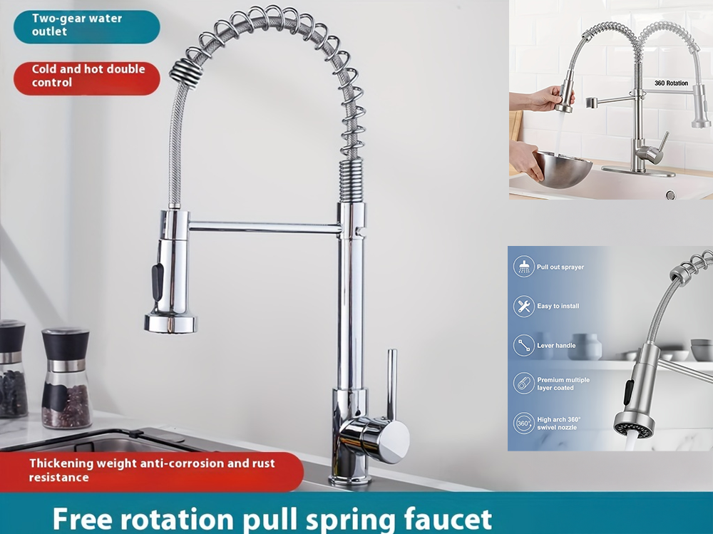 Kitchen mixer tap showing water flow from pullout sprayer