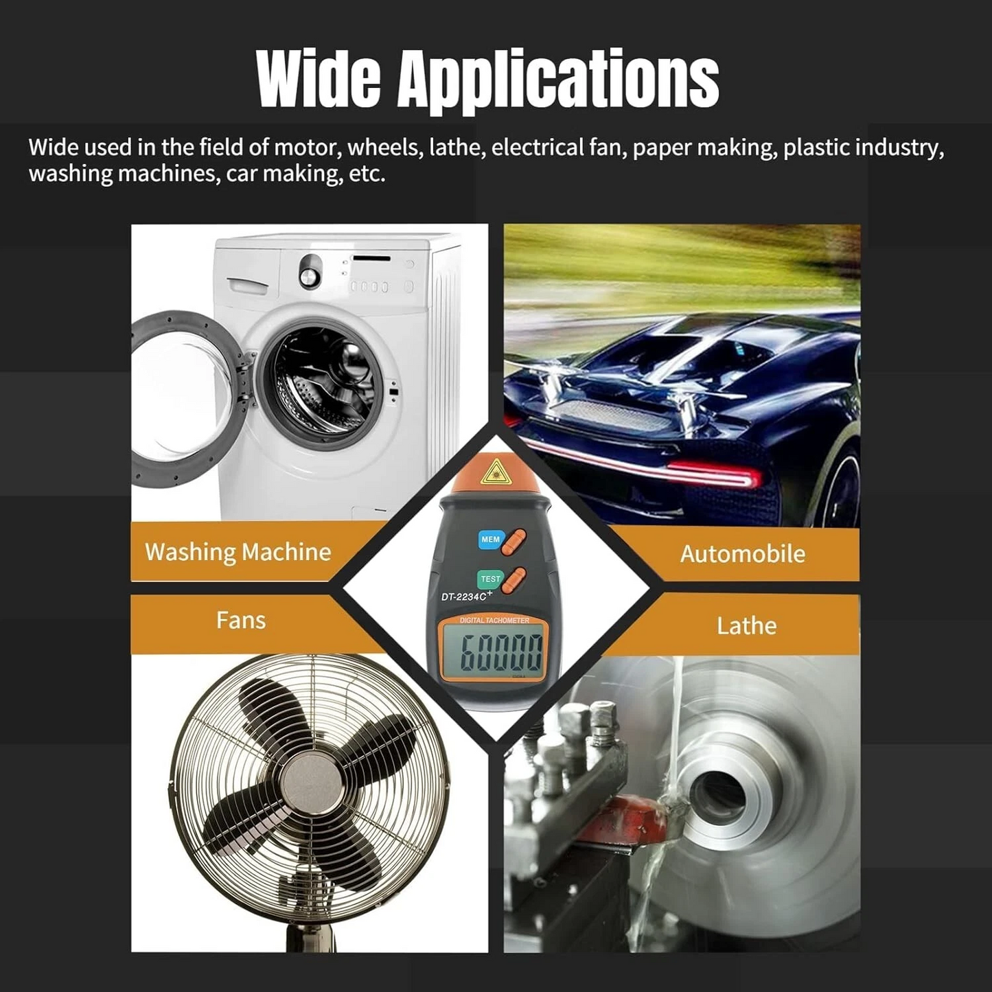 Digital tachometer measuring fan speed in industrial setting