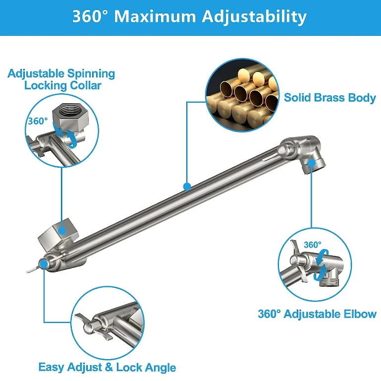 Close up of shower head extension arm adjustable joint