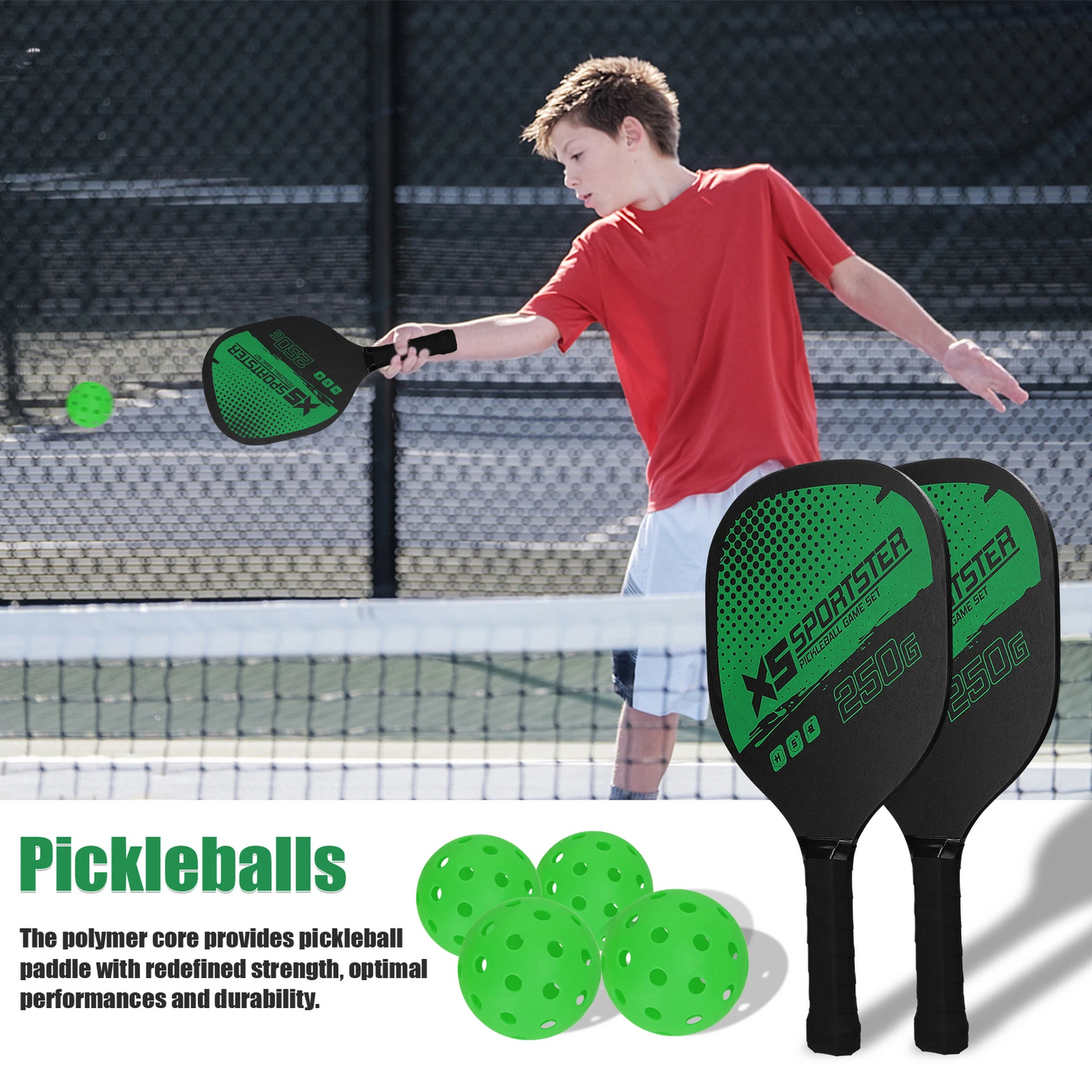 Pickleball set displayed with paddles crossed and balls in front