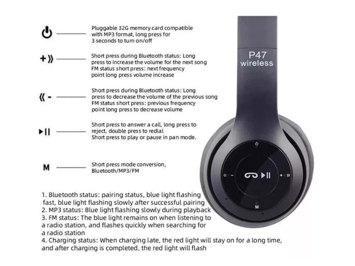 Wireless Bluetooth headset with charging cable and instruction manual included