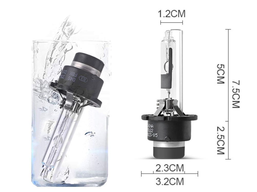 Xenon HID headlight bulb 4300K D2S showing compact 75 by 32 cm size