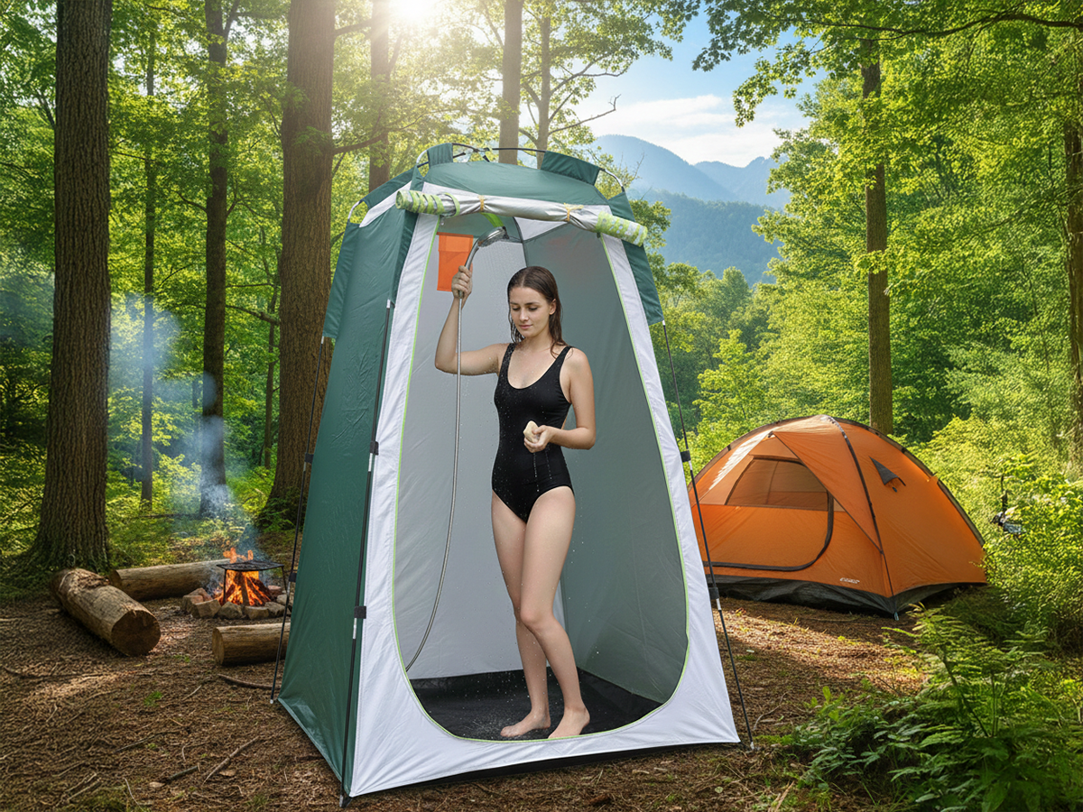 Close-up of silver coating on camping shower tent fabric