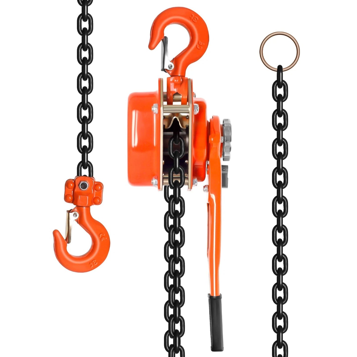 Manual lever chain hoist with smooth chain guide system visible