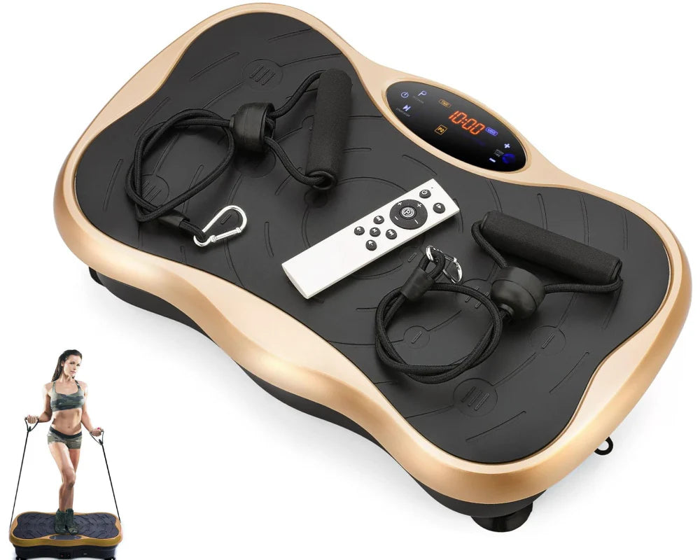 Vibration plate exercise machine with yoga straps attached