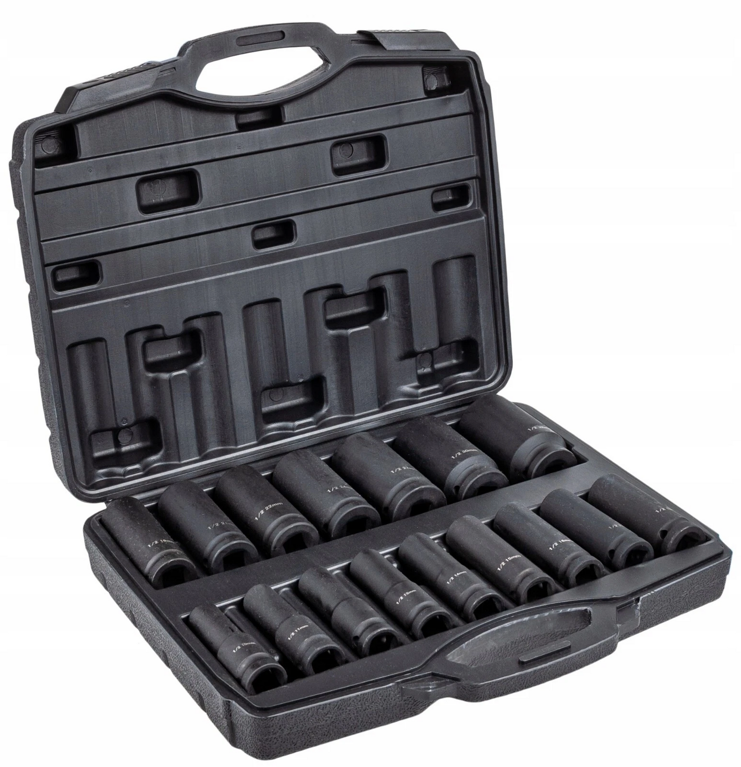 Socket set displayed on workshop bench with tools