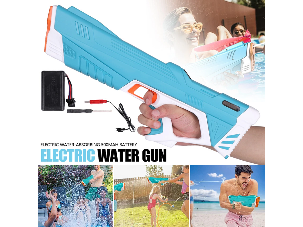 Electric water pistol toy demonstrating water blast in action