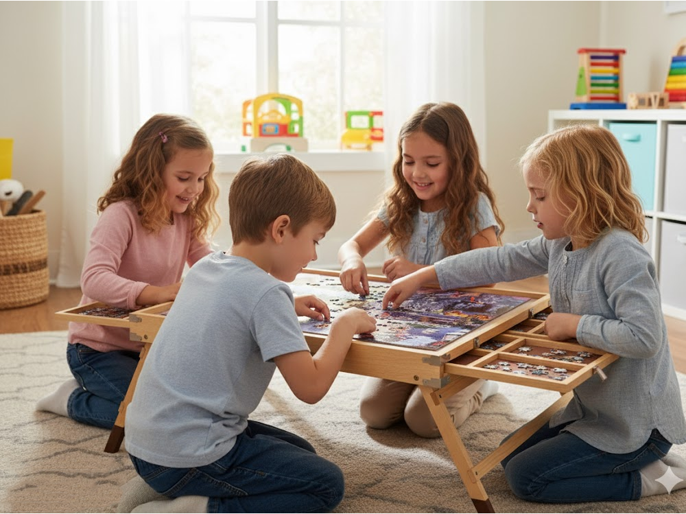 Jigsaw puzzle table set up for family puzzle night