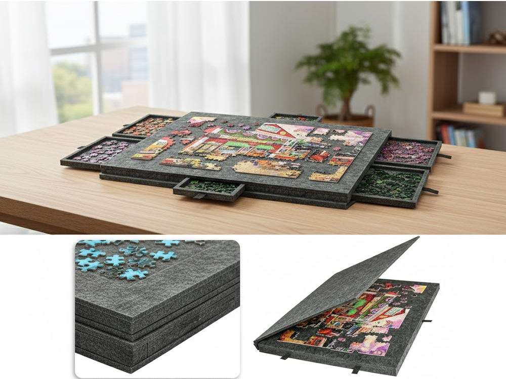 Jigsaw puzzle board with small drawers for sorting pieces