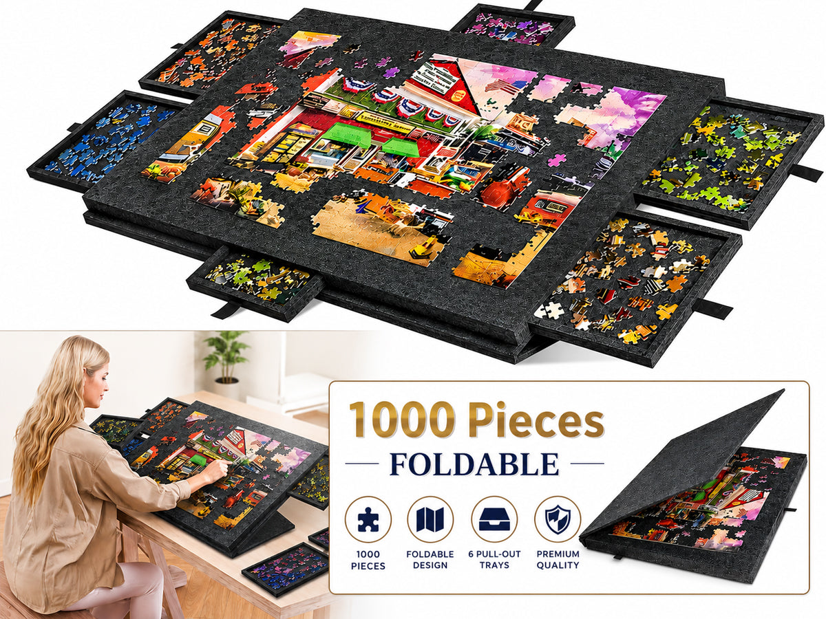 Tilting Portable Jigsaw Puzzle Table with 2 in 1 Stand & Cover Lightweight Felt Puzzle Board with 6 Drawers