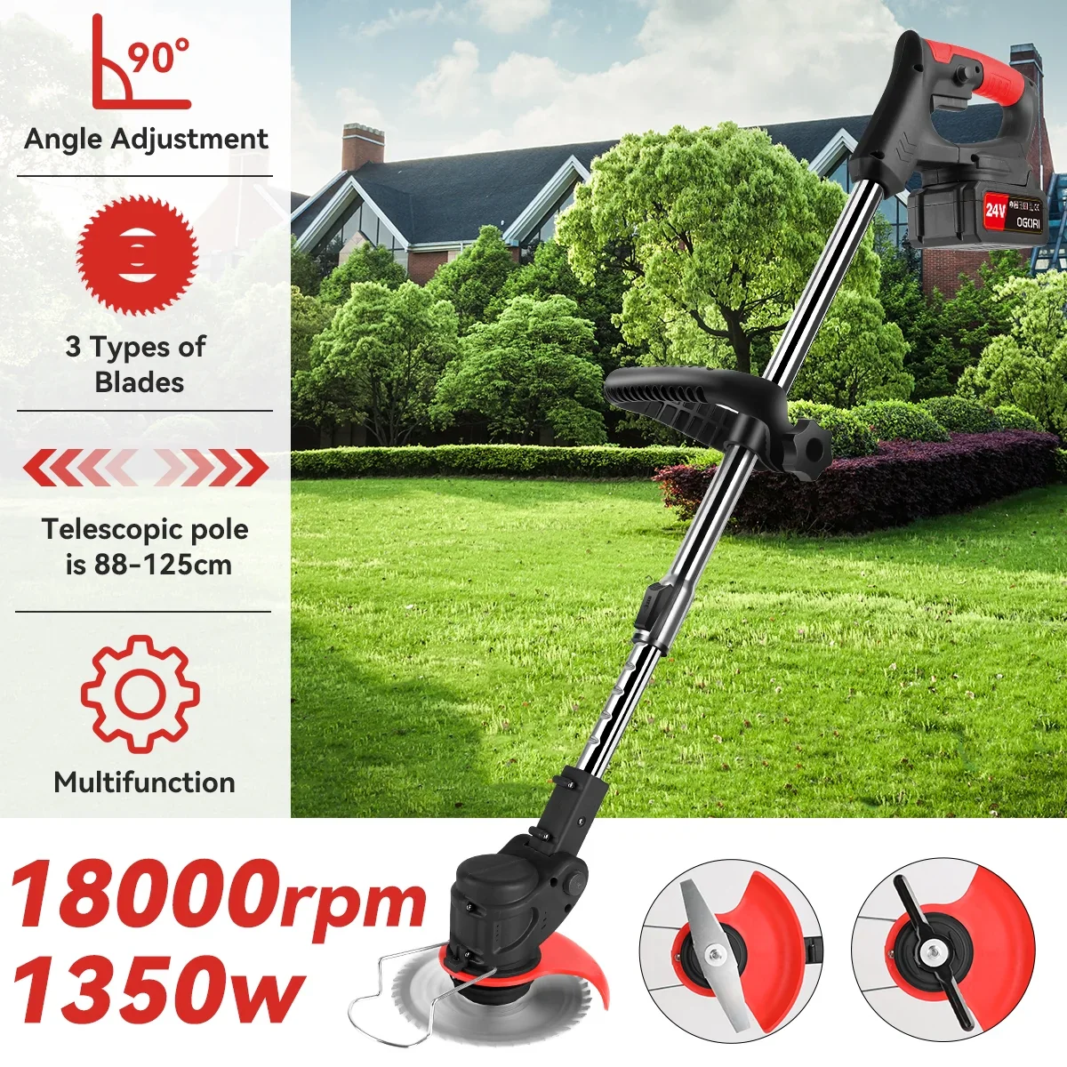 Electric lawn trimmer showing charging port and charger