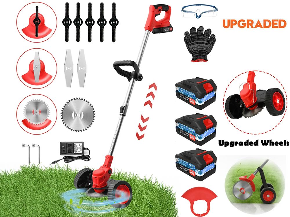 Cordless lawn mower weed cutter garden trimmer trimming edges along garden path