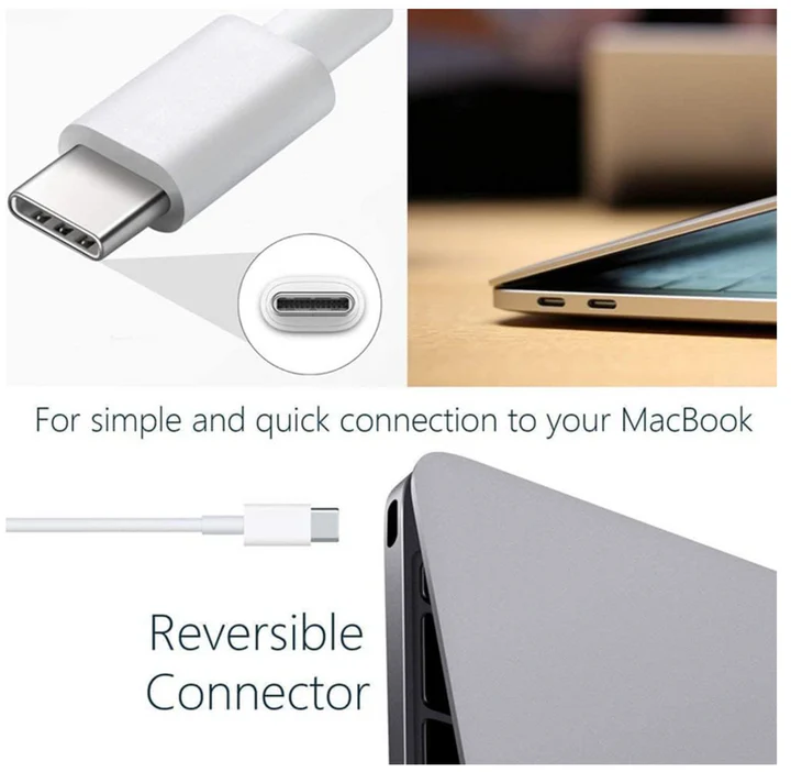 Replacement MacBook charger 96W USB-C with cable connected to power socket
