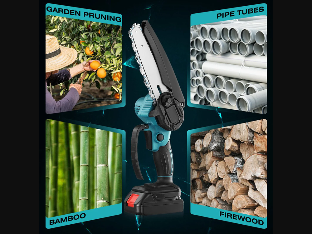 Portable 4 inch chain saw resting on wooden firewood