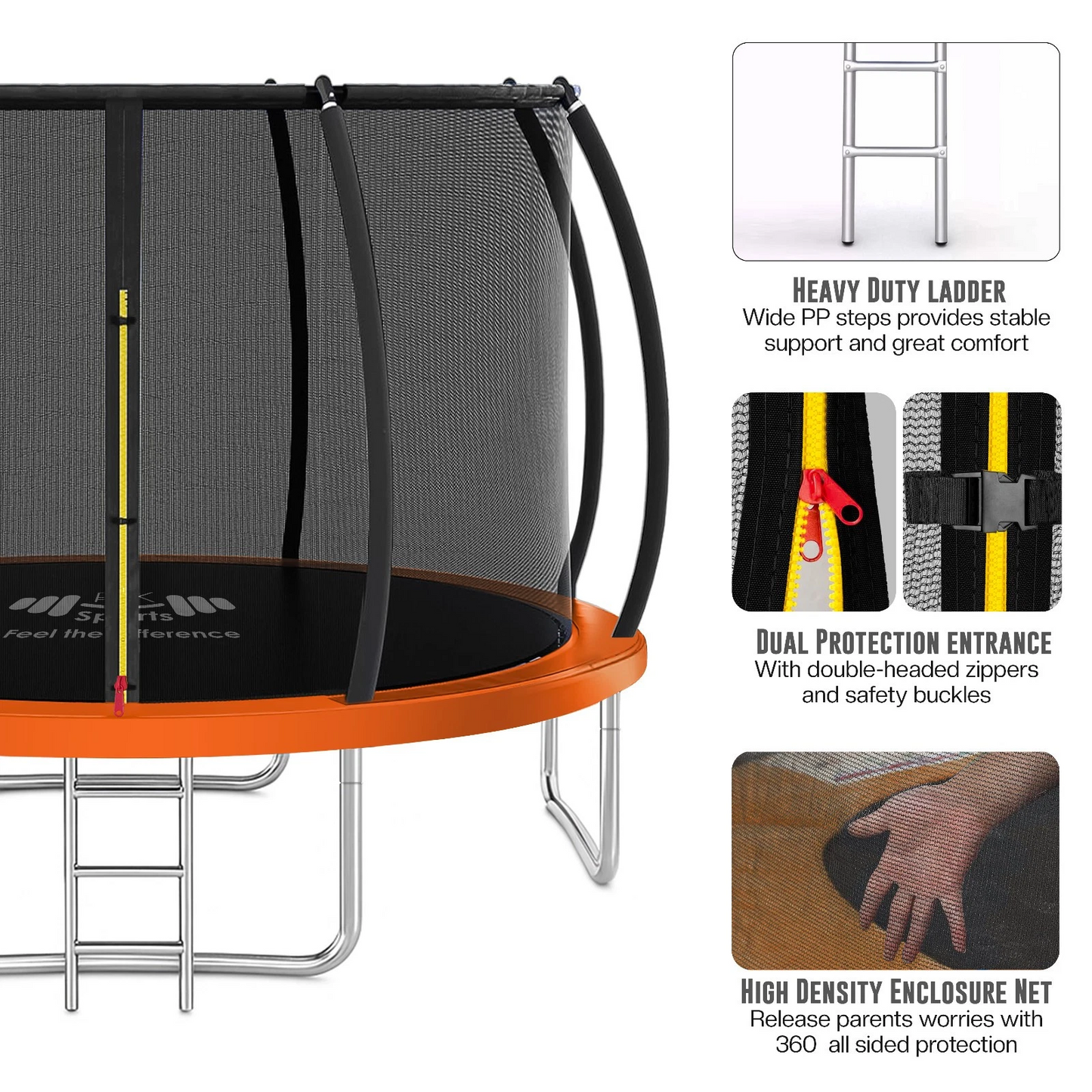 12FT trampoline with accessory storage compartments on frame