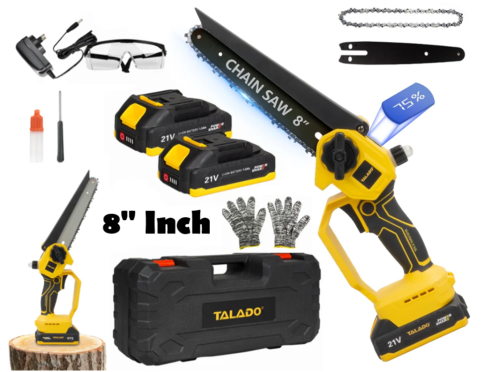 Pair of safety gloves beside the electric chain saw kit