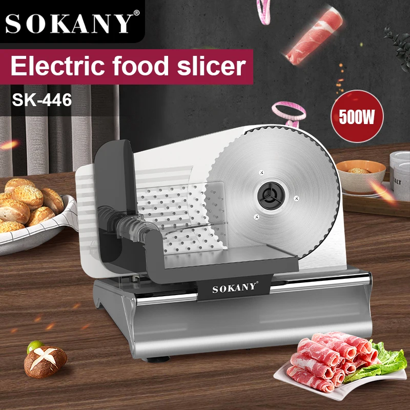 Compact electric meat slicer suitable for home kitchen use