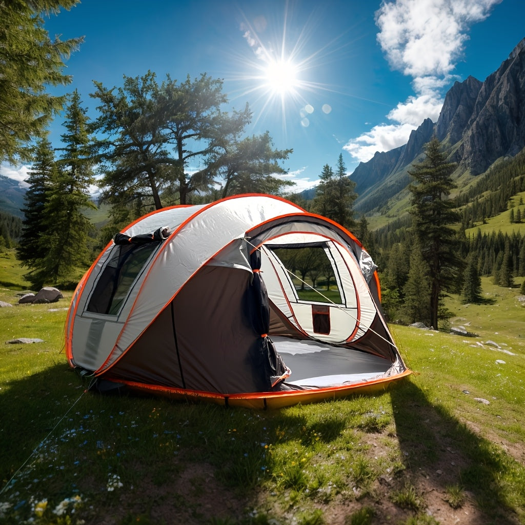 Camping tent 4-6 person pop up showing taped floor seams for waterproofing