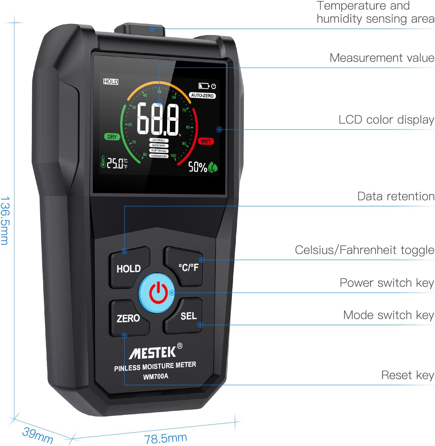 MESTEK Inductive Pinless Moisture Meter