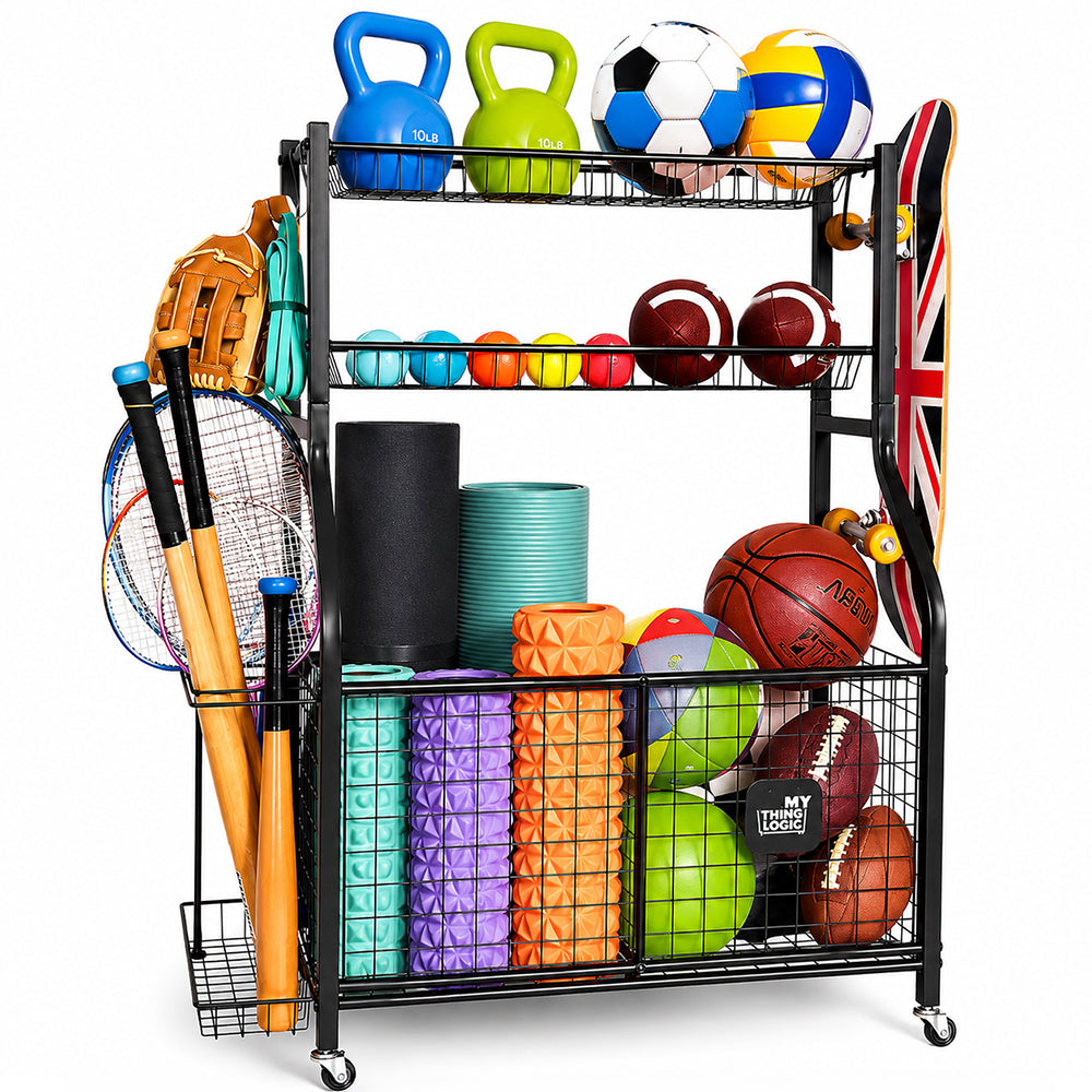 Sports Equipment Organizer Storage with Wheels Multi-Sport Garage Gym