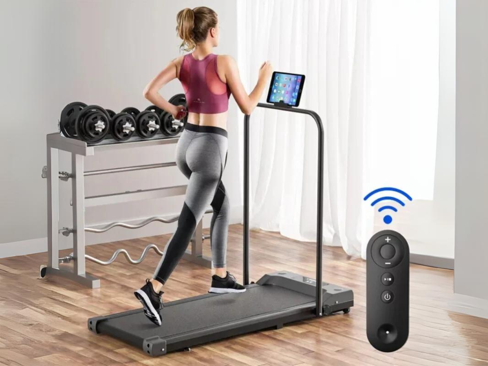 Compact treadmill showing speed settings on LED screen