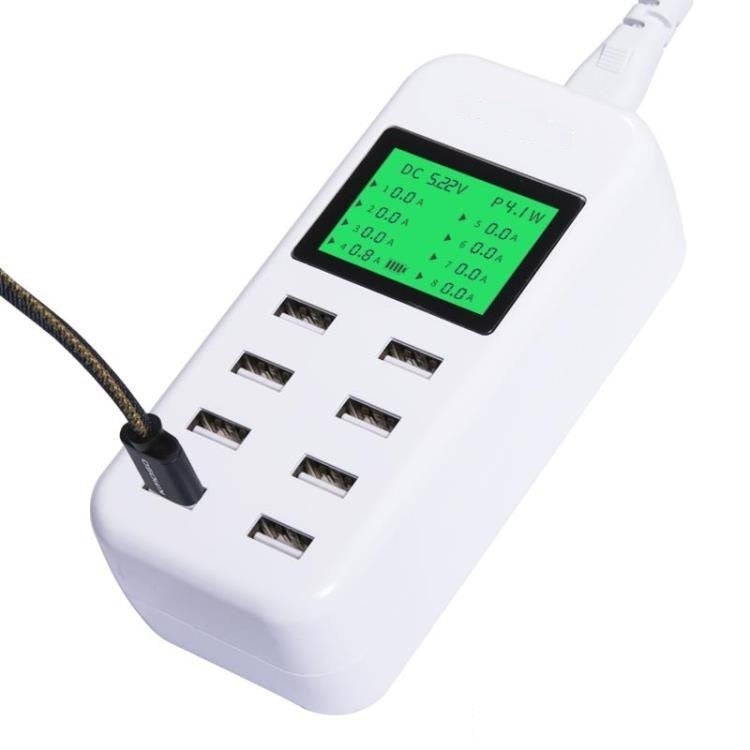 8-port USB charger displaying current and power usage on LCD
