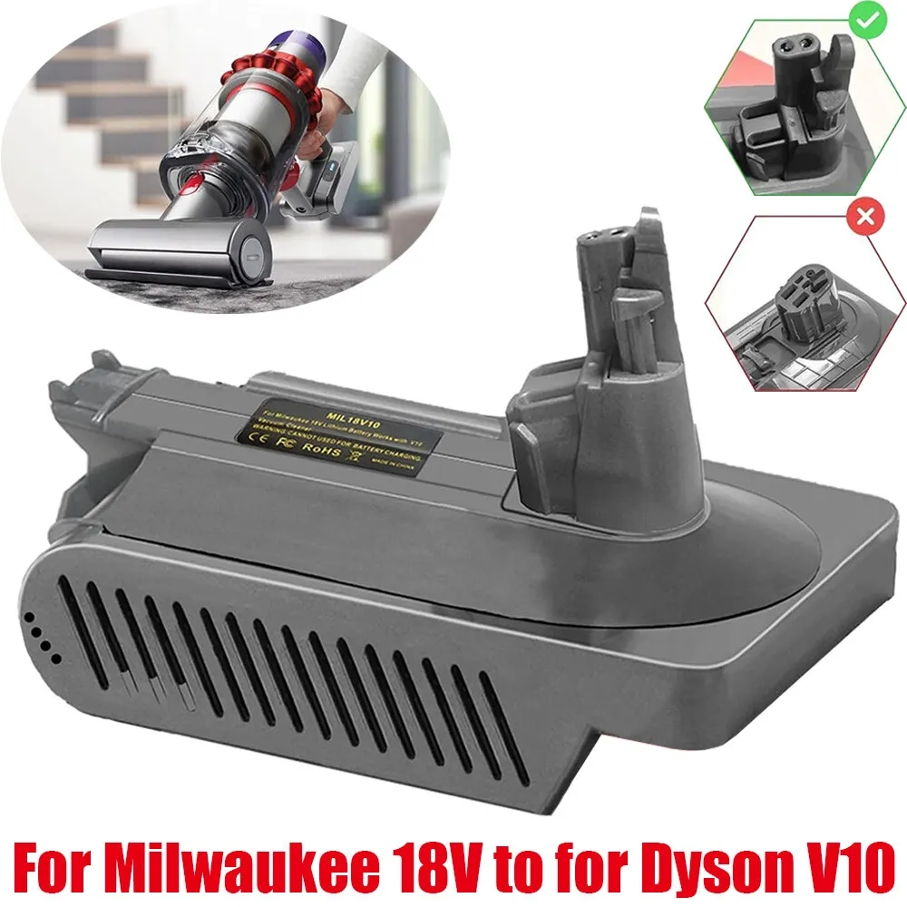 Dyson V10 battery adapter demonstrating fit with Milwaukee 18V battery