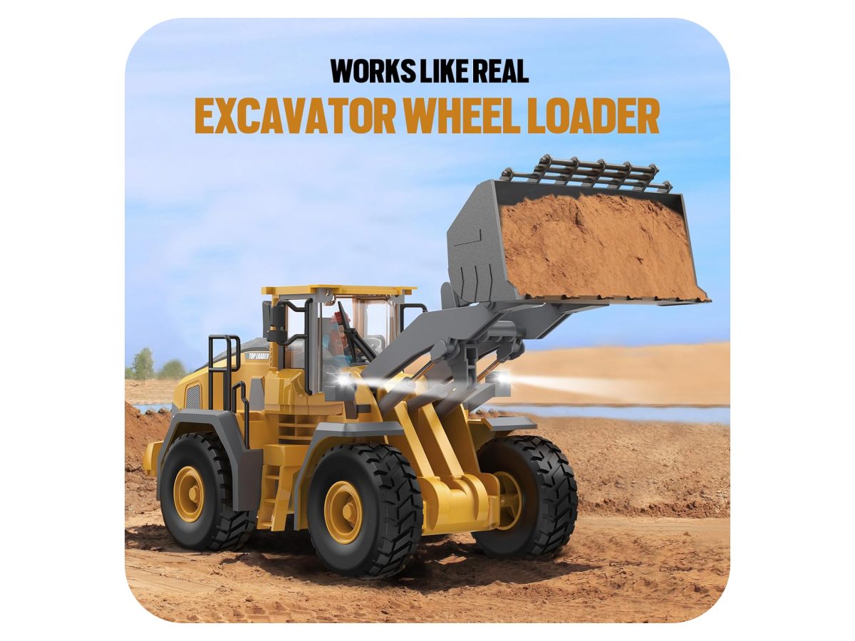 RC bulldozer loader toy packaging including screwdriver and manual