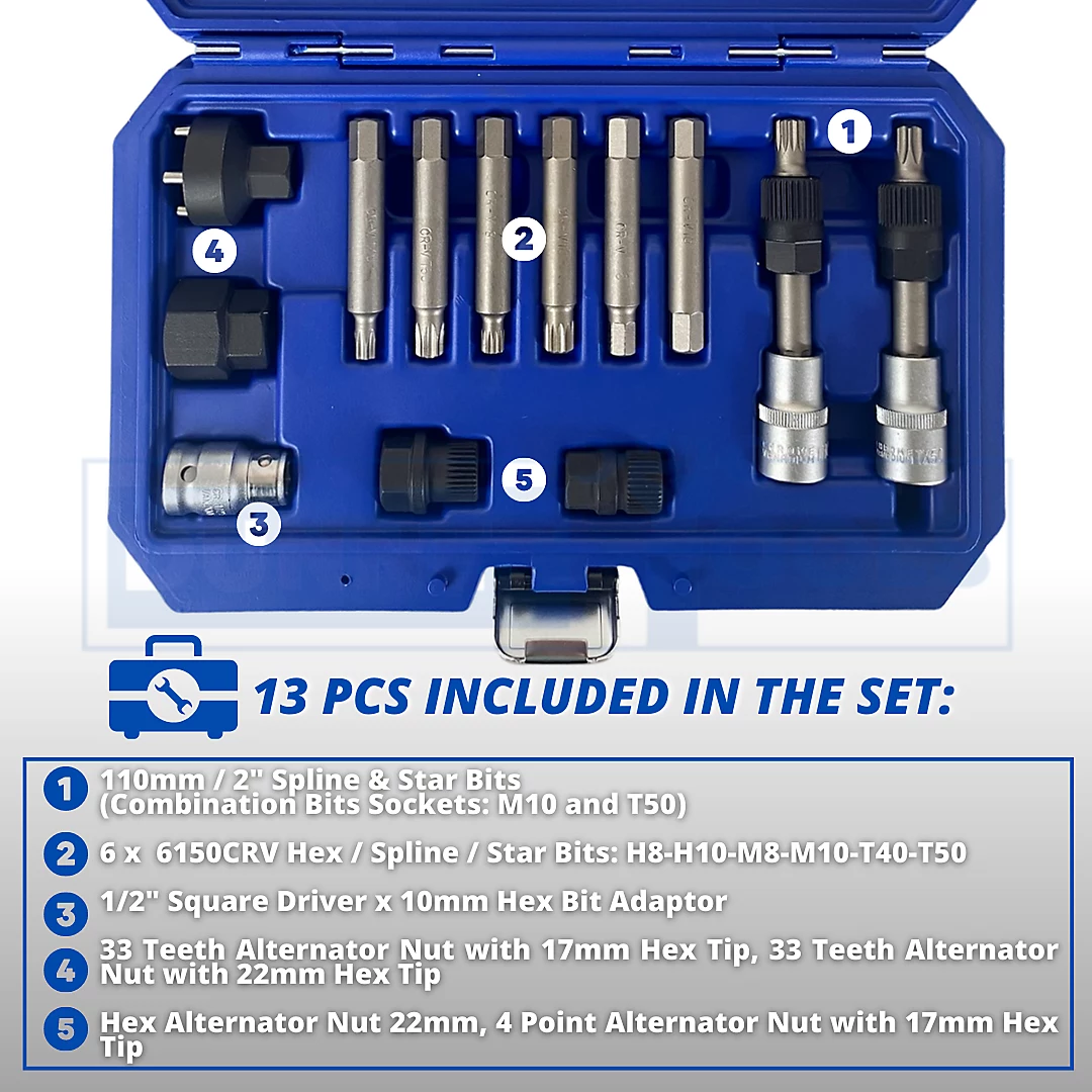 Compact alternator pulley tool kit ready for workshop use