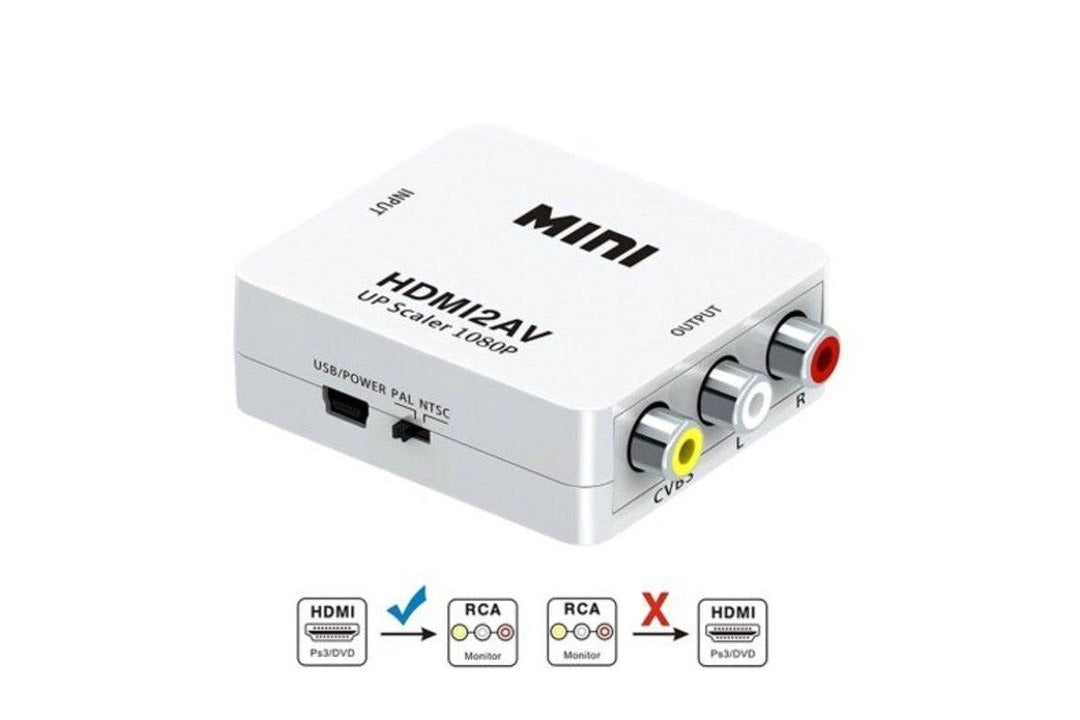 HDMI to RCA converter adapter displaying RCA AV output ports