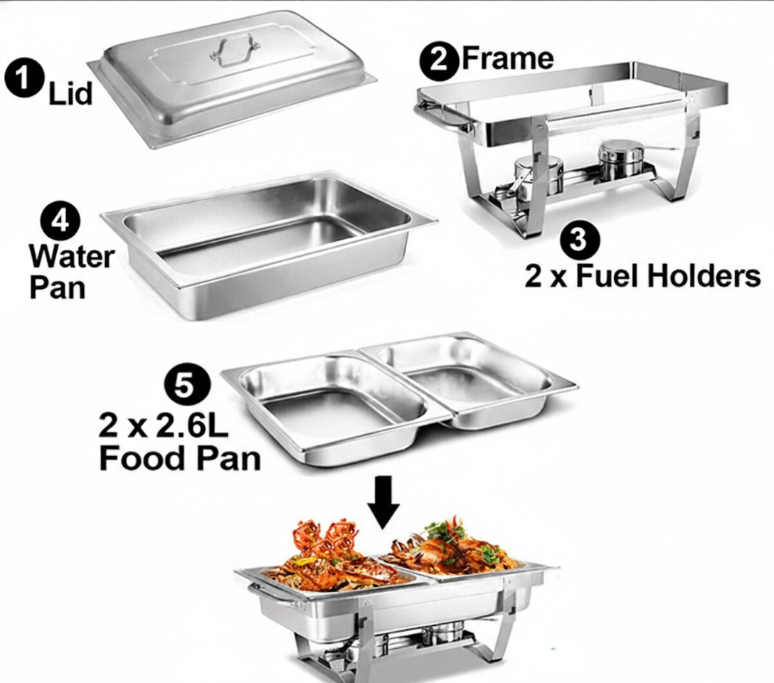 Chafing dish frame and cover highlighting rust-free surface